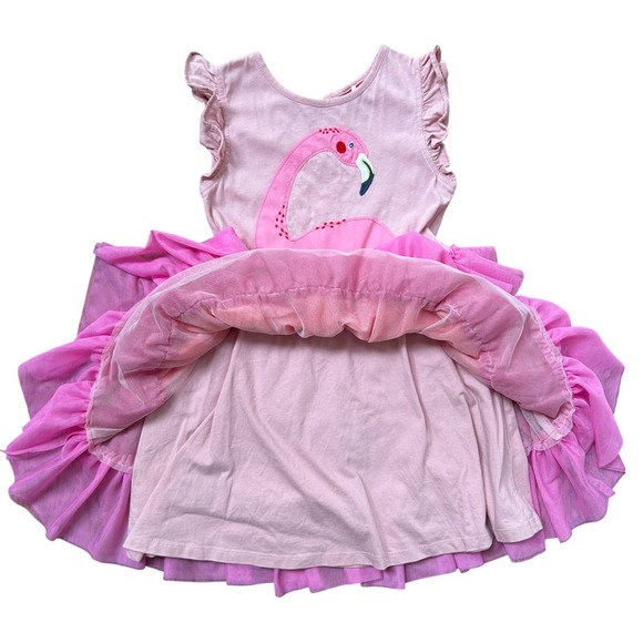 Mini Boden Girls Pink Flamingo Tiered Tulle Dress Cotton Ruffle Cap Sleeve 5-6Y - Picture 2 of 5